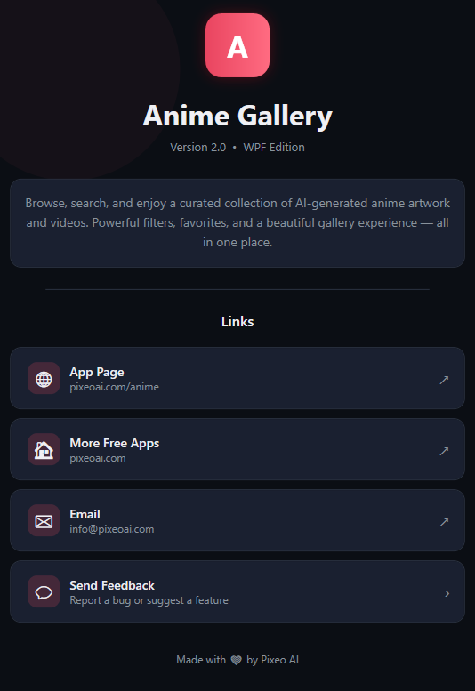 The About card: the logo, Anime Gallery, the edition line, a description, and the App Page, More Free Apps, Email and Send Feedback links.