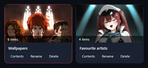 Two album cards, Wallpapers (6 items, selected) and Favourite artists (4 items), each with Contents, Rename and Delete.