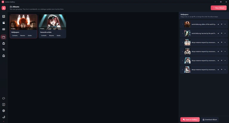 The Albums page: two album cards, Wallpapers with 6 items and Favourite artists with 4, and the contents of Wallpapers on the right.