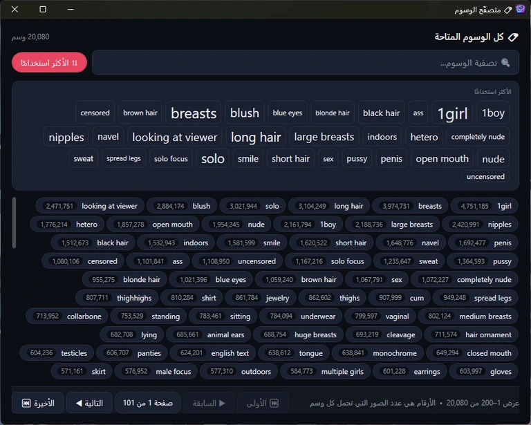 نافذة متصفّح الوسوم: 20,080 وسمًا، ومربع تصفية، وزر «الأكثر استخدامًا»، وسحابة الوسوم الأكثر استخدامًا، وقائمة وسوم مع أعدادها.