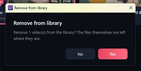 The Remove from library dialog with its message and the No and Yes buttons.