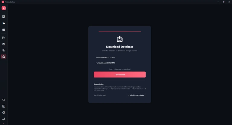 The Database page: the Download Database card with Small Database and Full Database, the Download button, and the search index status with Rebuild search index.