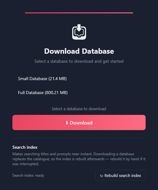 The Download Database card: Small Database (21.4 MB), Full Database (800.21 MB), Download, Search index: ready, and Rebuild search index.