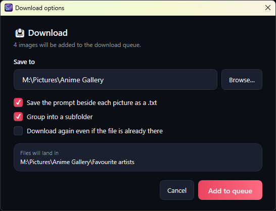 The Download options window: Save to with Browse, three check boxes, Files will land in, and Cancel and Add to queue.
