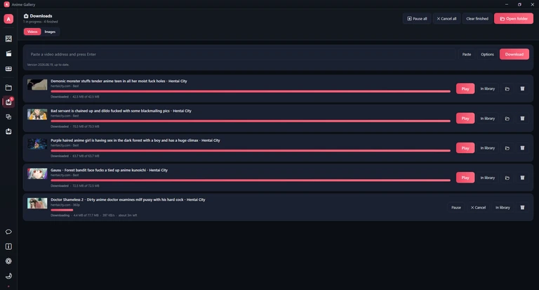 The Downloads page with one download in progress above four finished ones, and a 1 on the rail's Downloads icon.