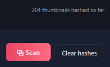 204 thumbnails hashed so far, with the Scan and Clear hashes buttons.