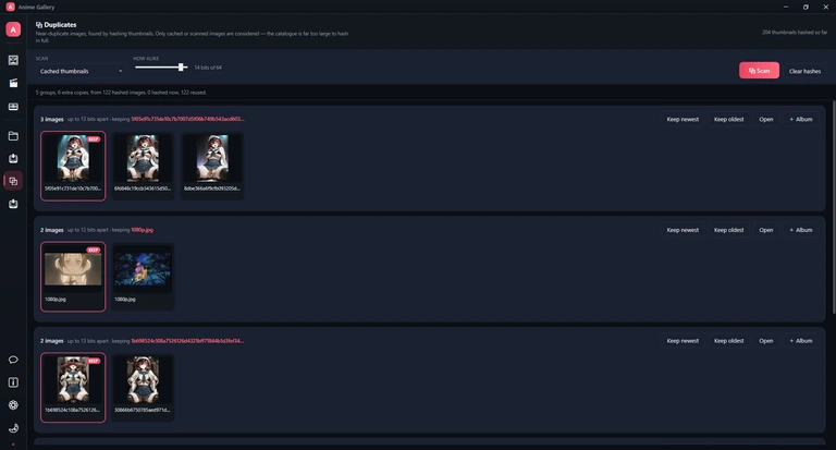 The Duplicates page after a scan: the scan settings, a summary of 5 groups, and three groups of near-identical pictures, each with one marked Keep.