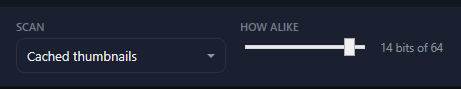 Scan set to Cached thumbnails and the How alike slider at 14 bits of 64.