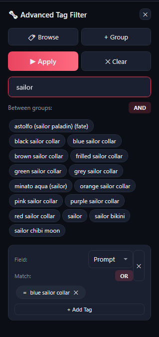 The filter panel: Browse, + Group, Apply and Clear, a tag search for sailor with suggestions, Between groups AND, and a group with Field Prompt, Match OR and one condition.