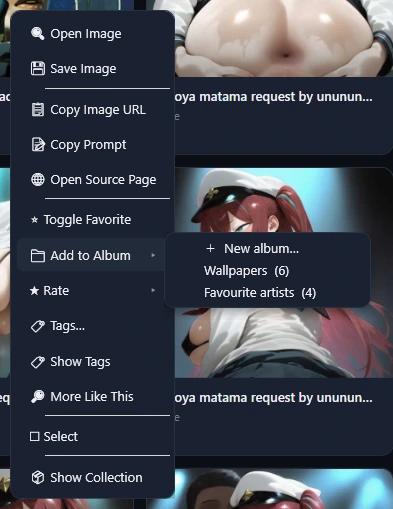 The card menu with the Add to Album submenu open: New album, Wallpapers (6) and Favourite artists (4).