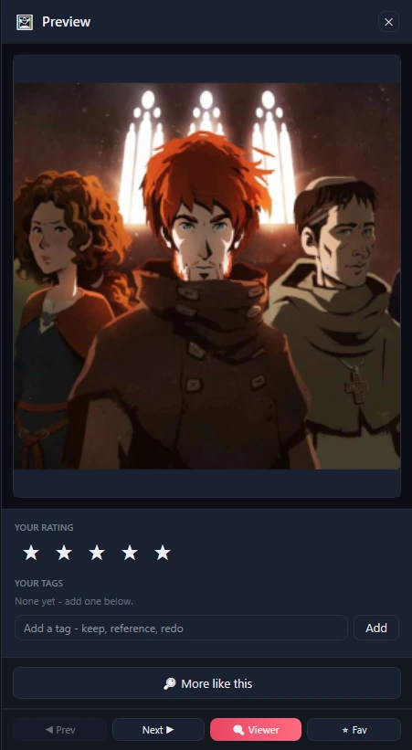 The Preview panel: the picture, Your rating with five stars, Your tags with an Add box, More like this, and Prev, Next, Viewer and Fav.