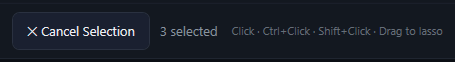 Cancel Selection, 3 selected, and the hint Click, Ctrl+Click, Shift+Click, Drag to lasso.