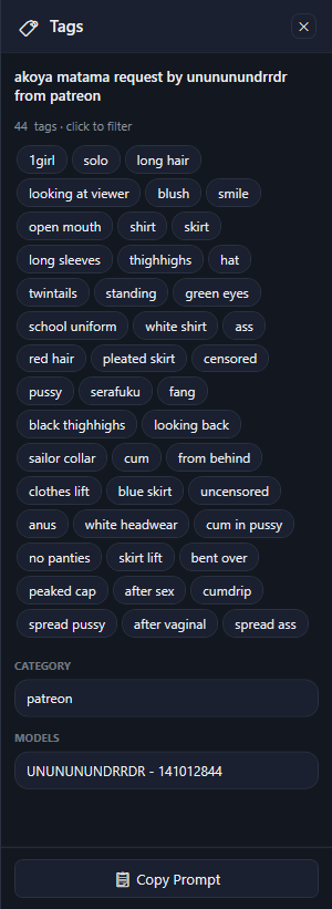 The Tags panel: the title, 44 tags · click to filter, the tag chips, Category, Models and Copy Prompt.