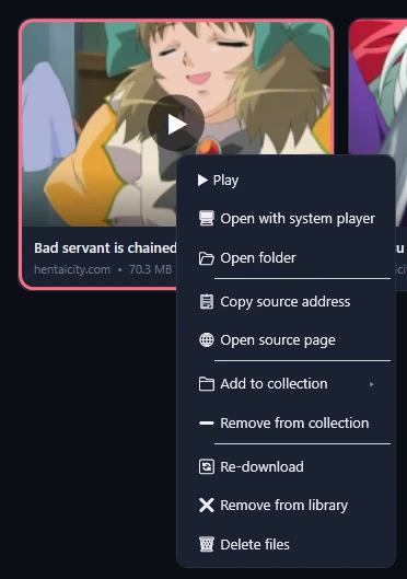 A library card with its menu open, from Play to Delete files, while the Short clips collection is shown.