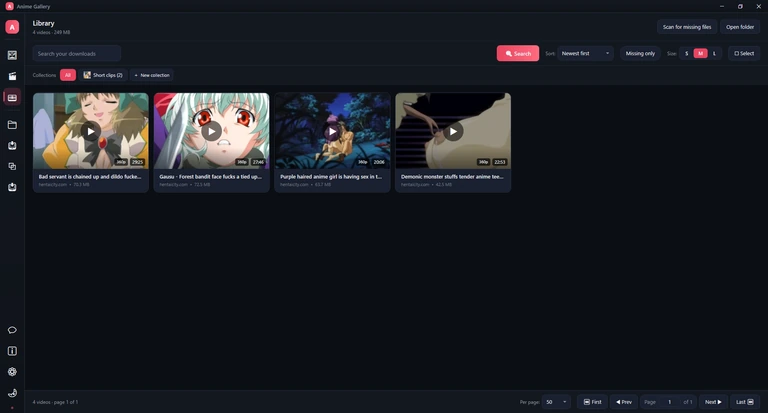 The Library page: 4 videos, 249 MB, a toolbar, the Collections row and four video cards with quality and length badges.