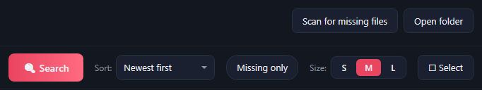 Scan for missing files, Open folder, the Search button, Sort Newest first, Missing only, the S, M, L size buttons and Select.