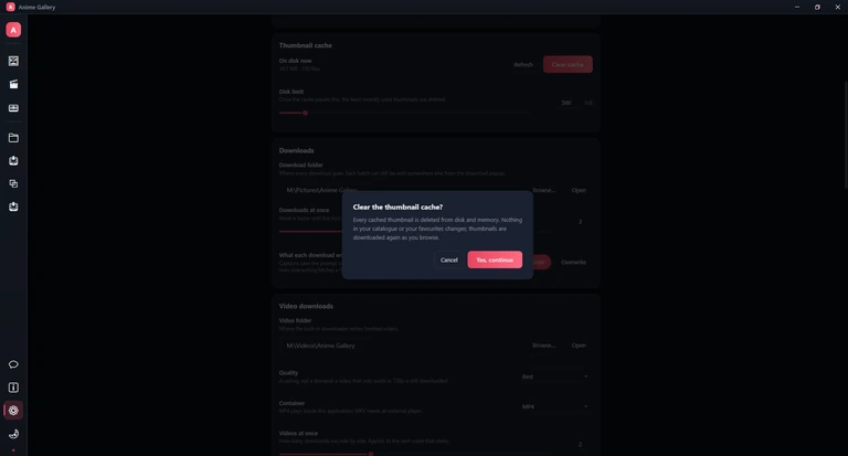 The Clear the thumbnail cache? sheet over the dimmed Settings page, with Cancel and Yes, continue.