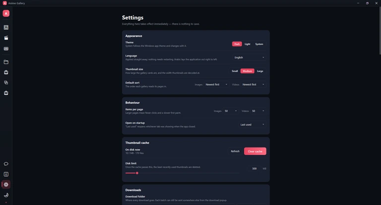 The top of the Settings page: the Appearance, Behaviour and Thumbnail cache cards.