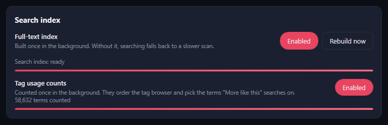 The Search index card: Full-text index Enabled with Rebuild now and Search index: ready; Tag usage counts Enabled with 58,632 terms counted.