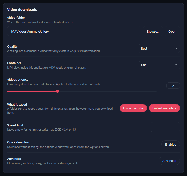 The Video downloads card: Video folder, Quality Best, Container MP4, Videos at once 2, Folder per site and Embed metadata, Speed limit, Quick download and Advanced.