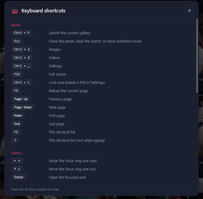 The shortcut list, part 1: the Global shortcuts from Ctrl + F to the question mark.