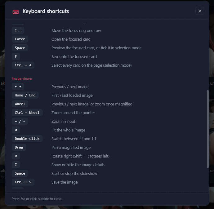 The shortcut list, part 2: the Gallery shortcuts and the start of the Image viewer ones.