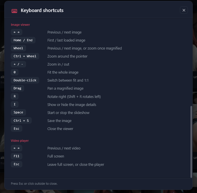 The shortcut list, part 3: the Image viewer and Video player shortcuts.