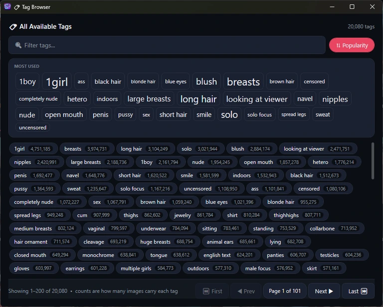 The Tag Browser window: 20,080 tags, a filter box, the Popularity button, a Most used tag cloud and a list of tags with counts.