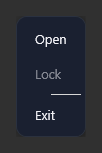 The tray icon's menu: Open, Lock (greyed out) and Exit.