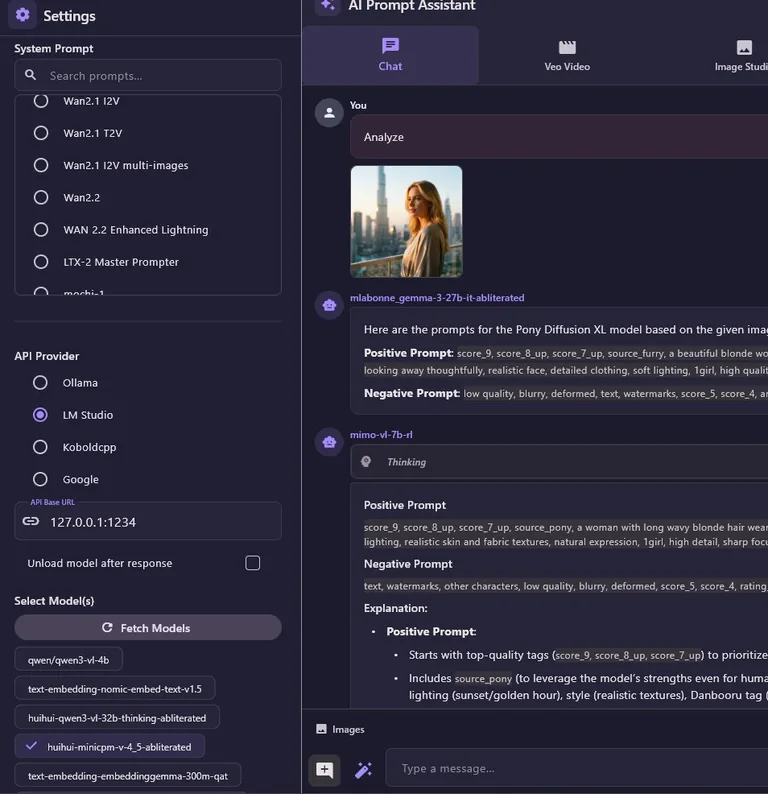 AI Prompt Assistant sidebar with provider, model, and prompt settings
