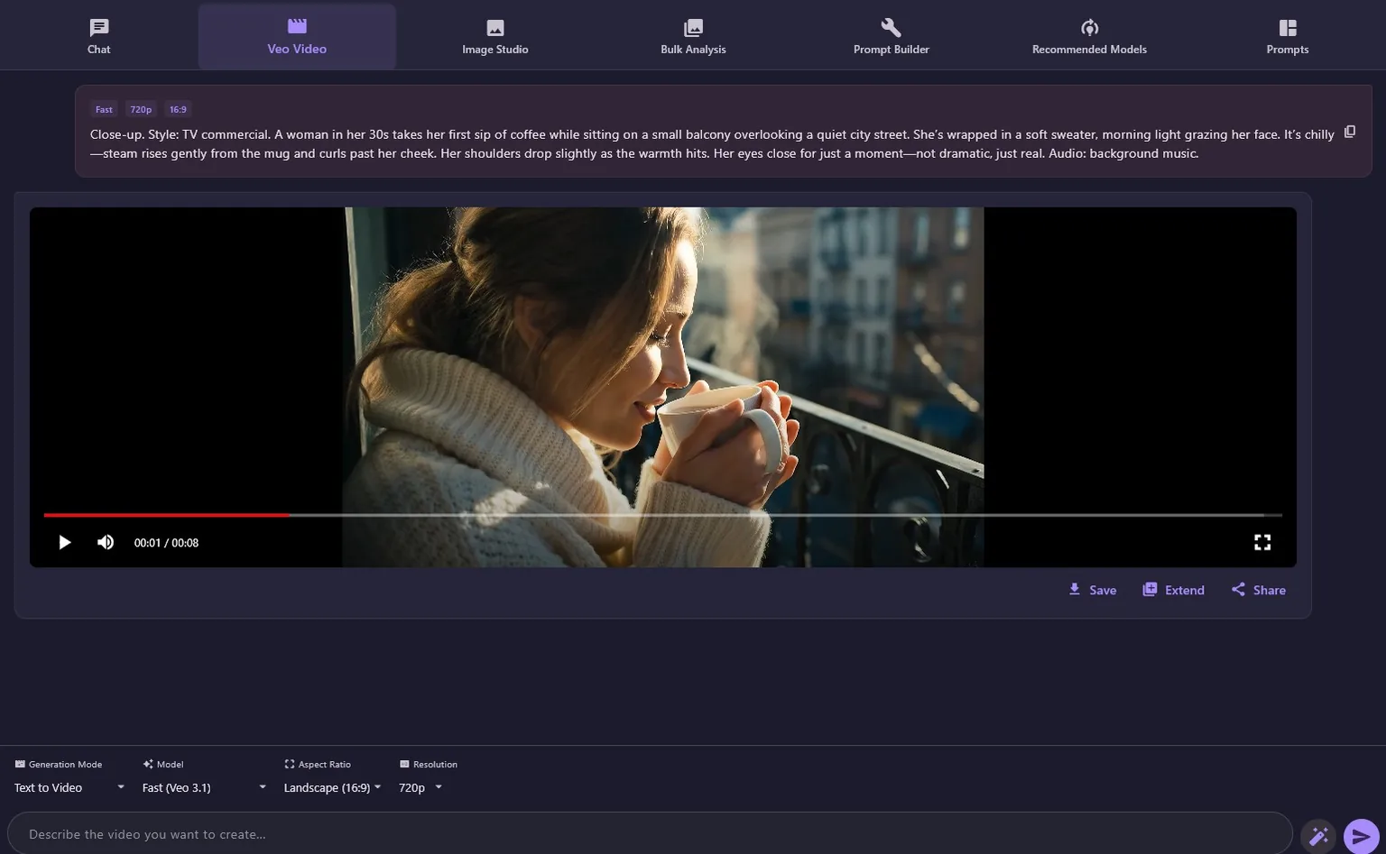 Video Studio previewing a generated cinematic clip