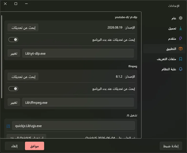 تبويب التطبيق وبه إصدارا الأداتين وسطر تشغيل JS يقرأ أنه تم العثور على QuickJS.