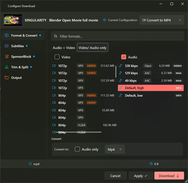 The Configure Download window on the Format and Convert section, with a list of video qualities on the left and audio tracks on the right, each showing its file size.