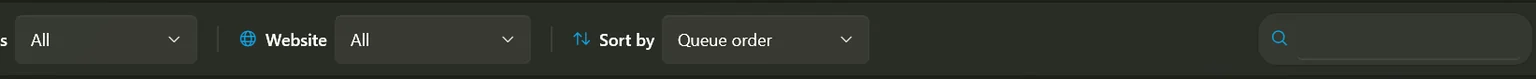 The filter bar with Status, Website and Sort by drop-downs and a search box.