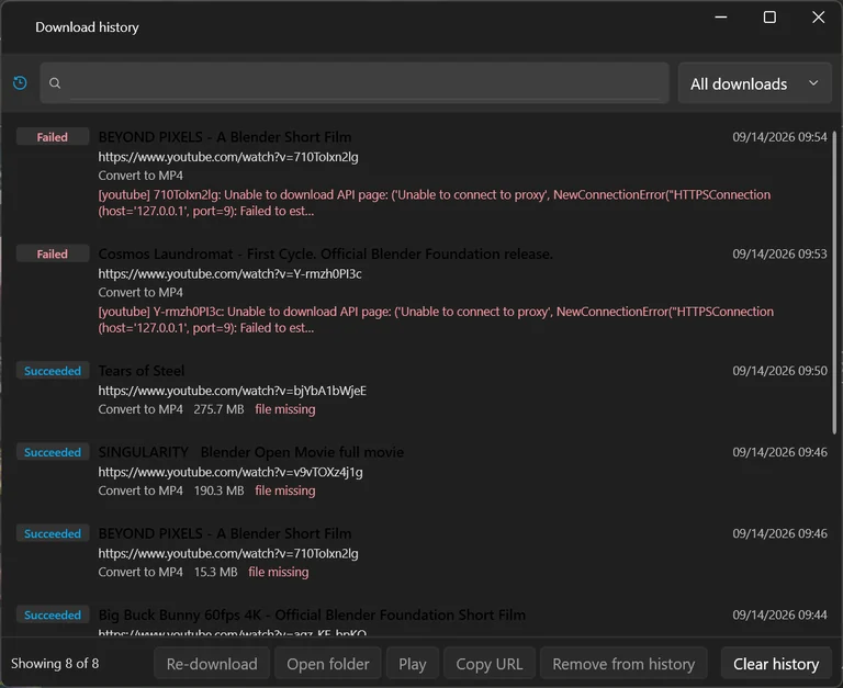 The download history window listing succeeded and failed entries with dates, links, file sizes and error messages.