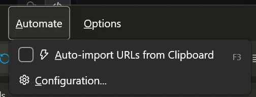 The Automate menu open, showing the clipboard option and Configuration.
