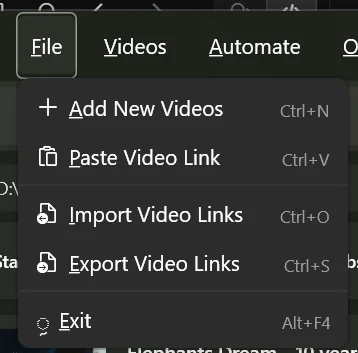 The File menu open, showing Add New Videos, Paste Video Link, Import, Export and Exit.
