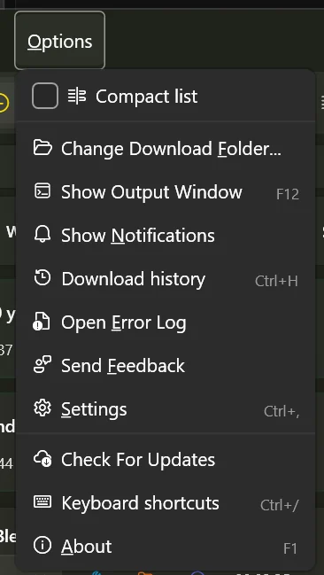 The Options menu open, showing compact list, download folder, output window, notifications, history, error log, feedback, settings, updates, shortcuts and about.