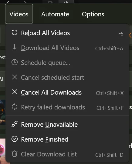 The Videos menu open, showing reload, download all, schedule, cancel, retry and clear list.