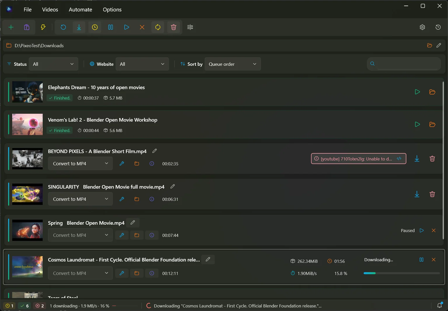 The PixeoAi VD main window with six videos in the list: two finished, one failed with a red error badge, one waiting, one paused and one downloading with its speed and time remaining.
