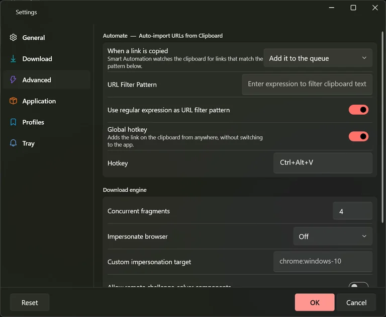The Advanced tab of Settings showing the when-a-link-is-copied drop-down, the URL filter pattern, the regular expression switch, the global hotkey switch and the hotkey box reading Ctrl+Alt+V.