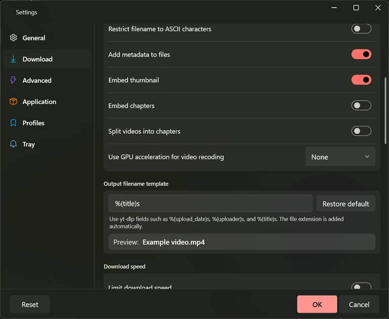 تبويب تحميل في الإعدادات وقد مُرّر إلى خيارات التحميل، يعرض وضع الكتابة فوق الملفات ومفاتيح التحويل وقائمة تسريع المعالج الرسومي.