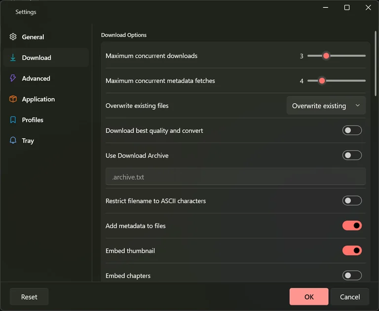 The top of the Settings Download tab with the maximum concurrent downloads slider set to three and the concurrent metadata fetches slider set to four.