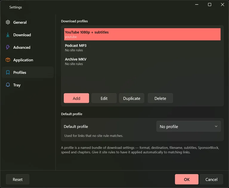 The Profiles tab in Settings listing three profiles with Add, Edit, Duplicate and Delete buttons and a default profile drop-down.