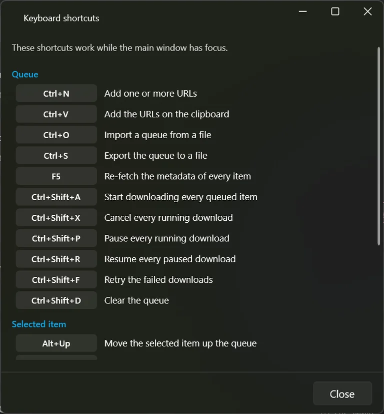 The keyboard shortcuts window listing the shortcuts grouped by what they affect.