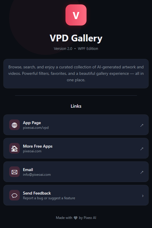 The About card: the logo, VPD Gallery, the edition line, a description, and the App Page, More Free Apps, Email and Send Feedback links.
