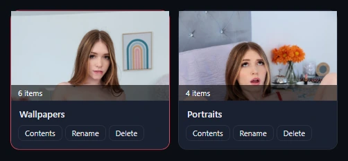 Two album cards, Wallpapers (6 items, selected) and Portraits (4 items), each with Contents, Rename and Delete.