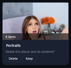 The Portraits album card asking Delete this album and its contents?, with the Delete and Keep buttons.