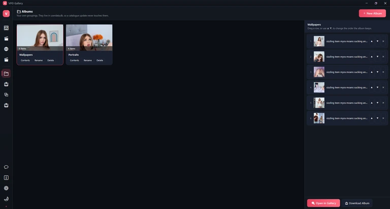 The Albums page: two album cards, Wallpapers with 6 items and Portraits with 4, and the contents of Wallpapers beside them with Open in Gallery and Download Album.