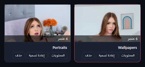 بطاقتا ألبوم، Wallpapers (6 عناصر، محدد) وPortraits (4 عناصر)، ولكلٍّ منهما المحتويات وإعادة تسمية وحذف.